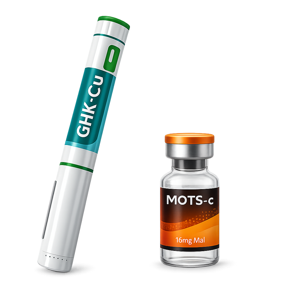Caneta injetável e frasco com peptídeos GHK-Cu e MOTS-c